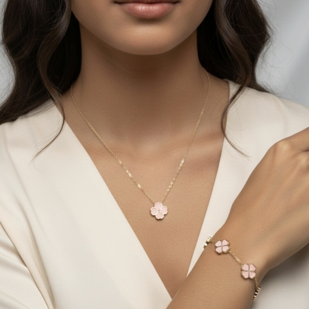 Stainless Steel Gold Colored and Pink Flower Necklace Set